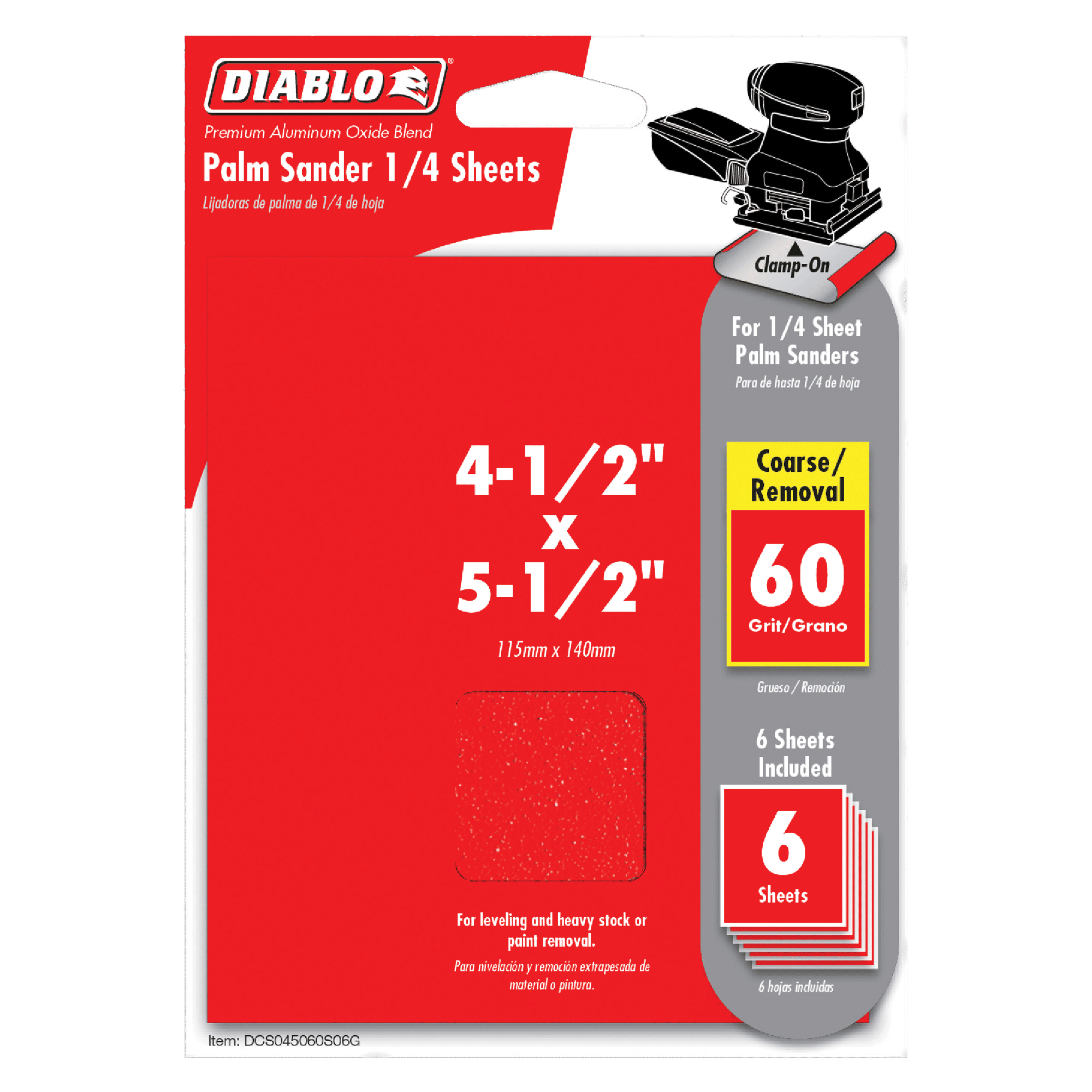 Diablo DCS045060S06G Palm Sander Sheet, 4-1/2 in W, 5-1/2 in L, 60 Grit, Coarse, Aluminum Oxide Abrasive, Paper Backing