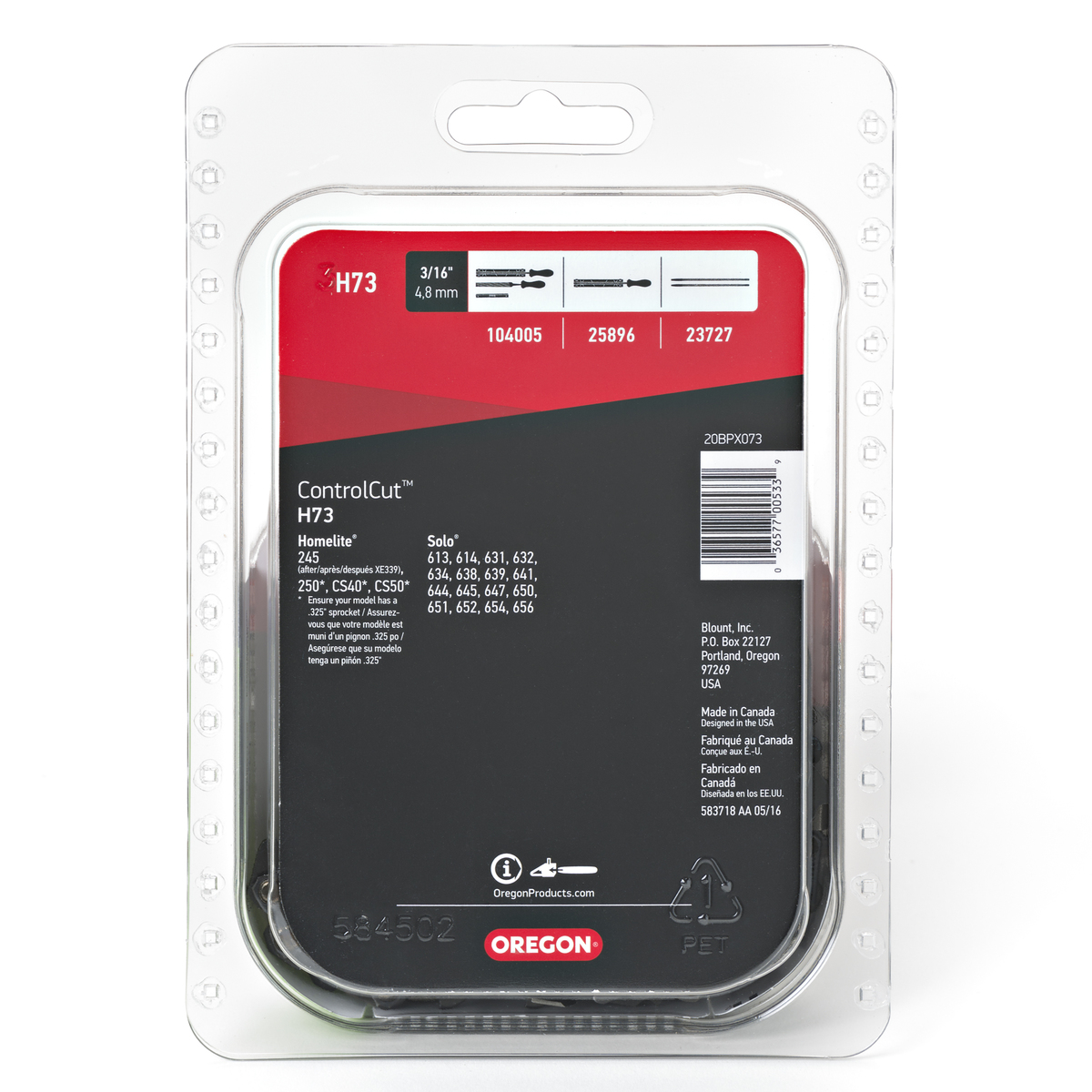 Oregon ControlCut H73 Chainsaw Chain, 20BPX Chain, 18 in L Bar, 0.05 in Gauge, 0.325 in TPI/Pitch, 73-Link