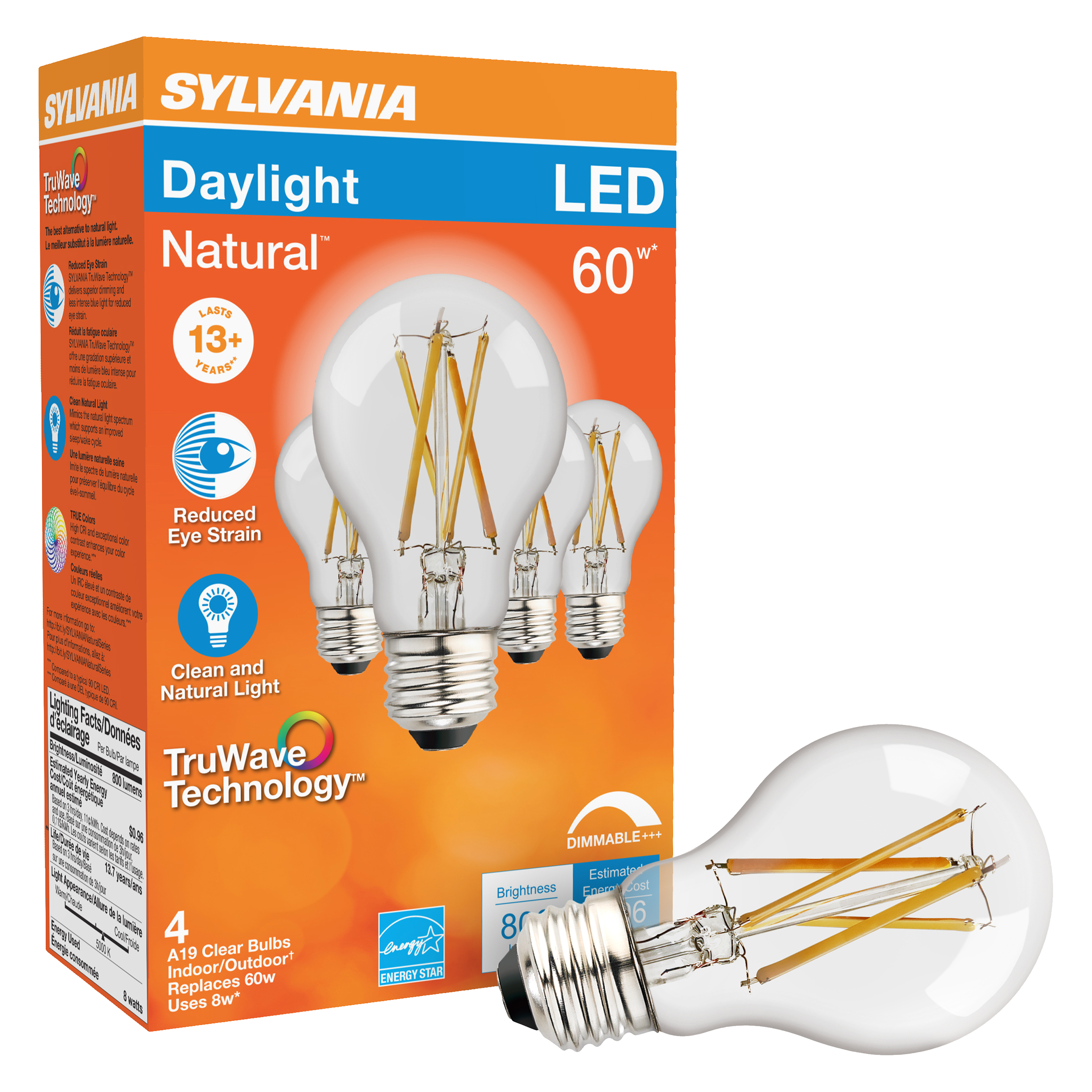 Sylvania 49827 Natural LED Bulb, General Purpose, 800 Lumens, 8 W, A19 Lamp, 60 W Equivalent, E26 Lamp Base, Dimmable
