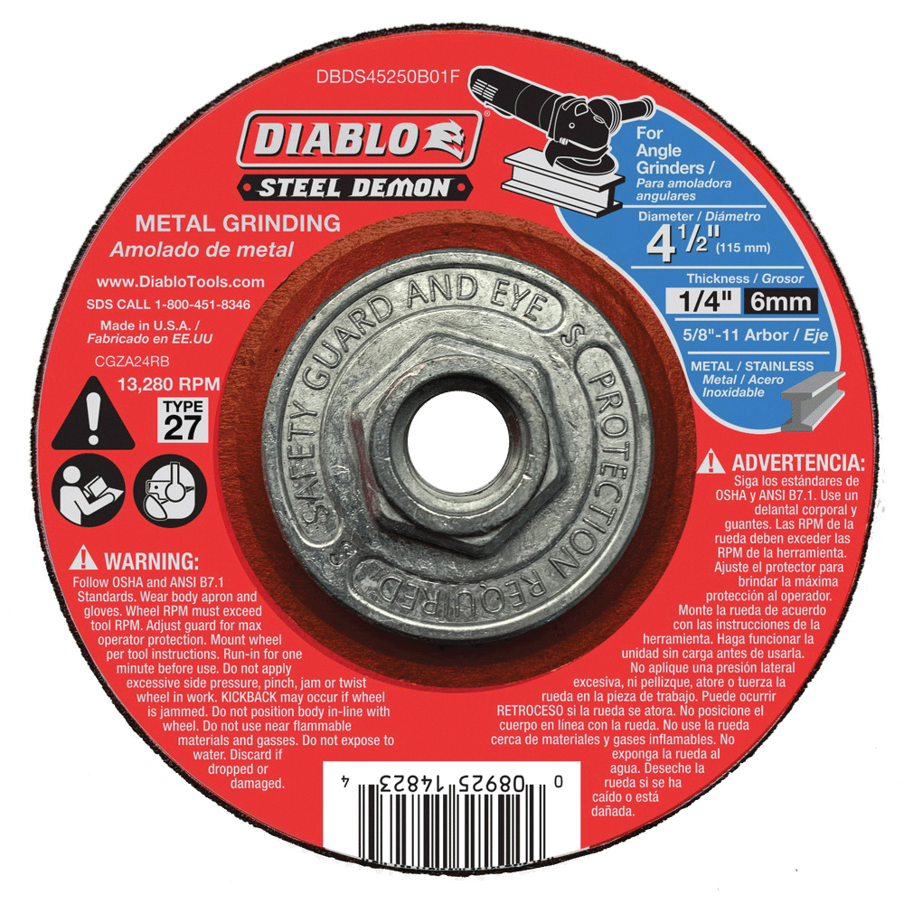 Diablo Steel Demon DBDS45250B01F Grinding Disc, 4-1/2 in Dia, 1/4 in Thick, 5/8-11 Arbor, Ceramic Abrasive