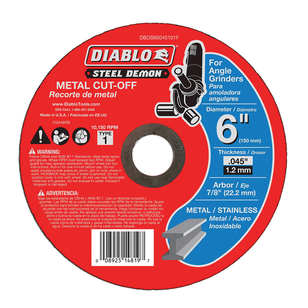 Diablo Steel Demon DBDS60045101F Type-1 Cut-Off Disc, 6 in Dia, 0.045 in Thick, 7/8 in Arbor, Ceramic Abrasive