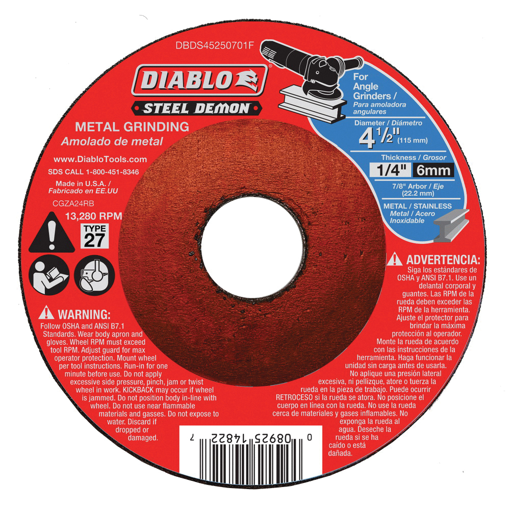 Diablo Steel Demon DBDS45250701F Grinding Disc, 4-1/2 in Dia, 1/4 in Thick, 7/8 in Arbor, Ceramic Abrasive