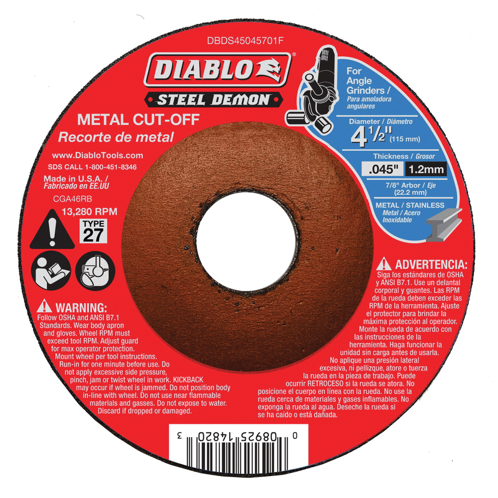Diablo Steel Demon DBDS45045701F Cut-Off Disc, 4-1/2 in Dia, 0.045 in Thick, 7/8 in Arbor, Ceramic Abrasive, 1/PK