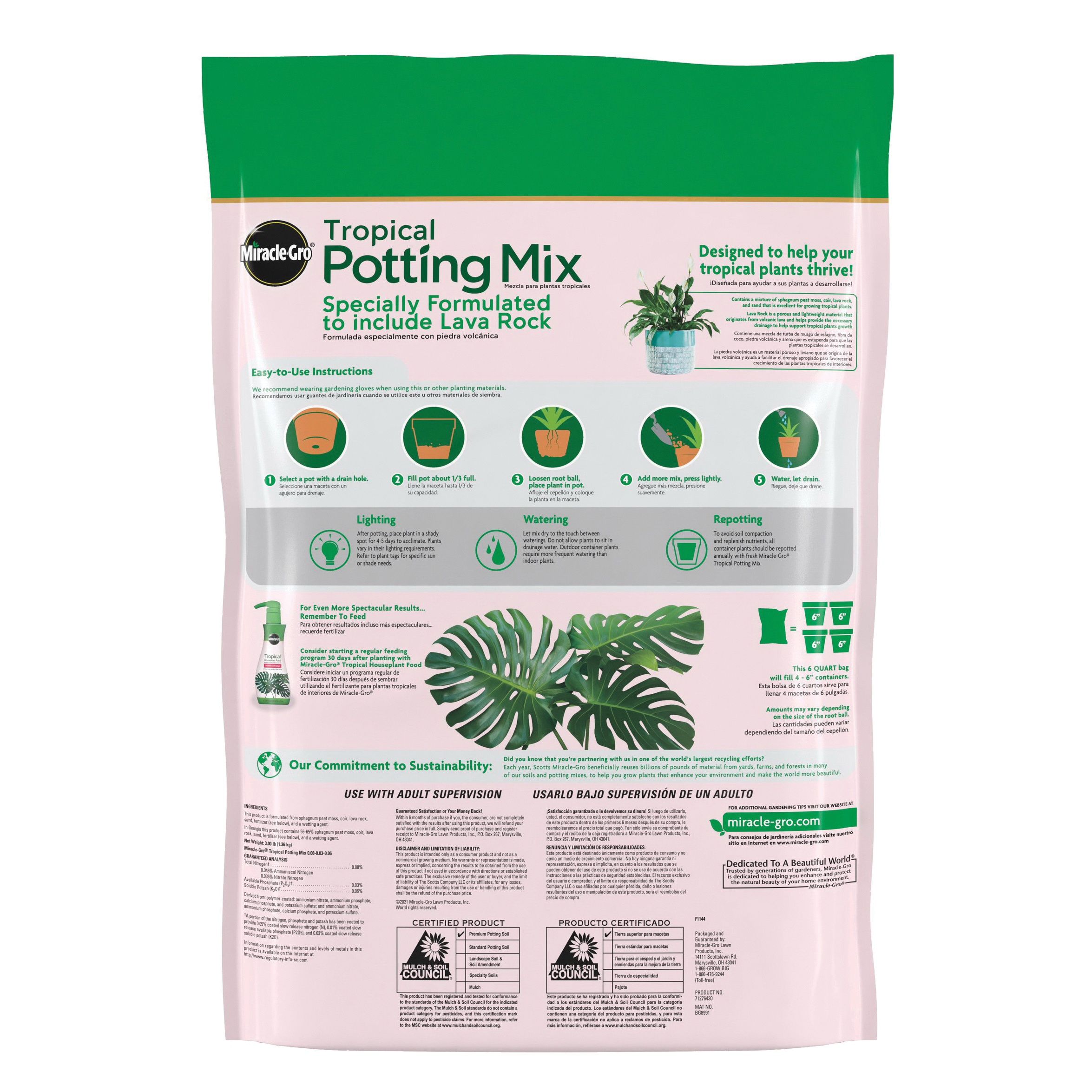 Miracle-Gro 71276430 Series Tropical Potting Mix, 6 qt Bag