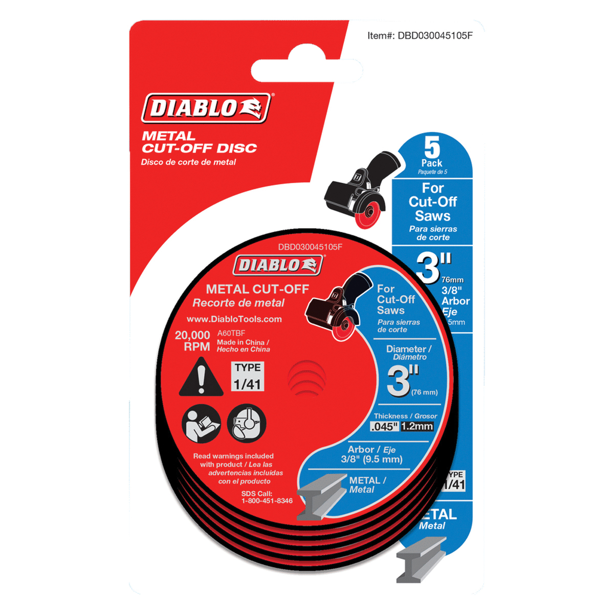 Diablo DBD030045105F Cut-Off Disc, 3 in Dia, 0.045 in Thick, 3/8 in Arbor, Aluminum Oxide Abrasive