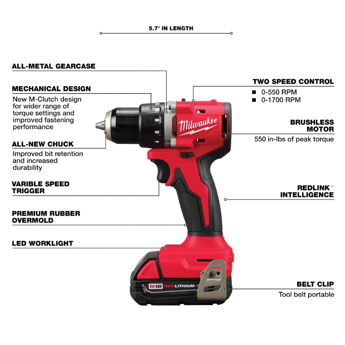 Milwaukee M18 3601-22CT Drill/Driver Kit, Battery Included, 18 V, 1/2 in Chuck, Keyless Chuck