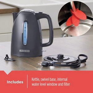 Black+Decker KE1555GY Rapid Boil Electric Kettle, 7 Cup, 1500 W, Gray, 8-1/2 in W, 9-1/2 in H, Automatic Shutoff Control