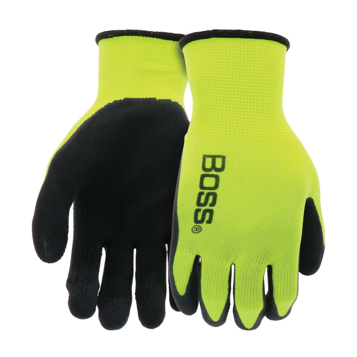 Boss Tactile Grip Series B31282-L3P Coated Gloves, L, Knit Wrist Cuff, Latex Coating, Polyester, Black/Hi-Viz Yellow