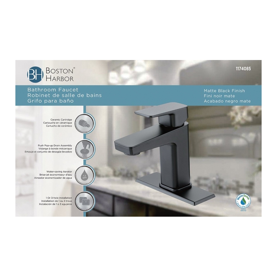 Boston Harbor FS6A0215BL Lavatory Faucet, 1.2 gpm, 1-Faucet Handle, 1, 3-Faucet Hole, Metal/Plastic, Matte Black