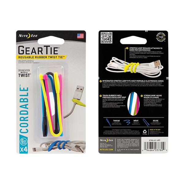 Gear Tie Cordable GTK6-A1-4R7 Twist Tie, Rubber, Assorted