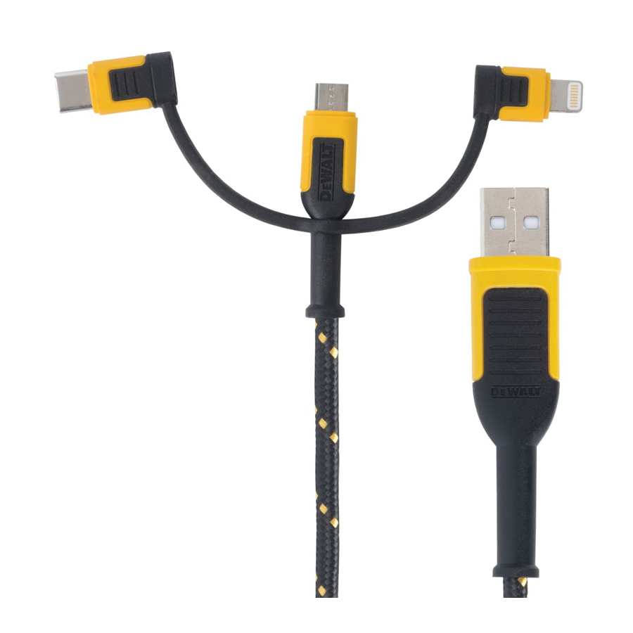 DEWALT 131 1356 DW2 Charger Cable, USB, USB-C, Kevlar Fiber Sheath, Black/Yellow Sheath, 71.99 in L