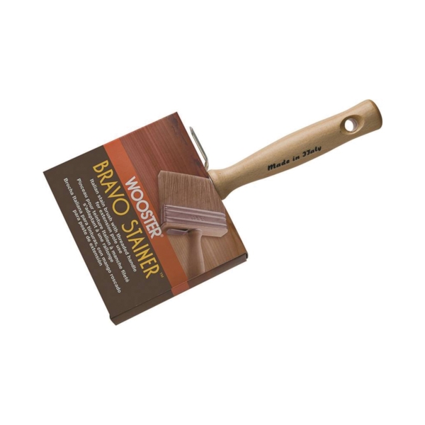 Wooster Bravo Stainer F5116-4 Paint Brush, 4 in W, Flat Brush, 2-9/16 in L Bristle, Polyester Bristle, Threaded Handle