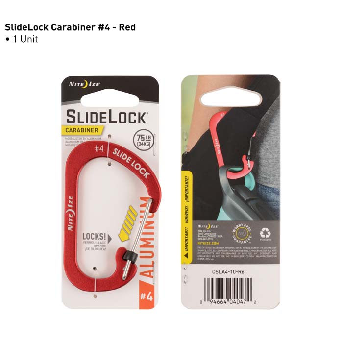 Nite Ize SlideLock CSLA4-10-R6 Carabiner, Rectangular, 3.2 in L, Aluminum/Stainless Steel, Red