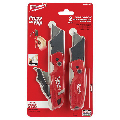 Milwaukee FASTBACK Series 48-22-1503 Folding Utility Knife Set, 2-Piece, Carbon Steel/Composite, Red