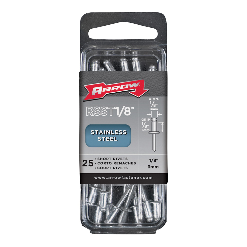 Arrow RSST1/8 Pop Rivet, Short, 1/8 in Grip, 1/8 in L, Stainless Steel, 25/PK