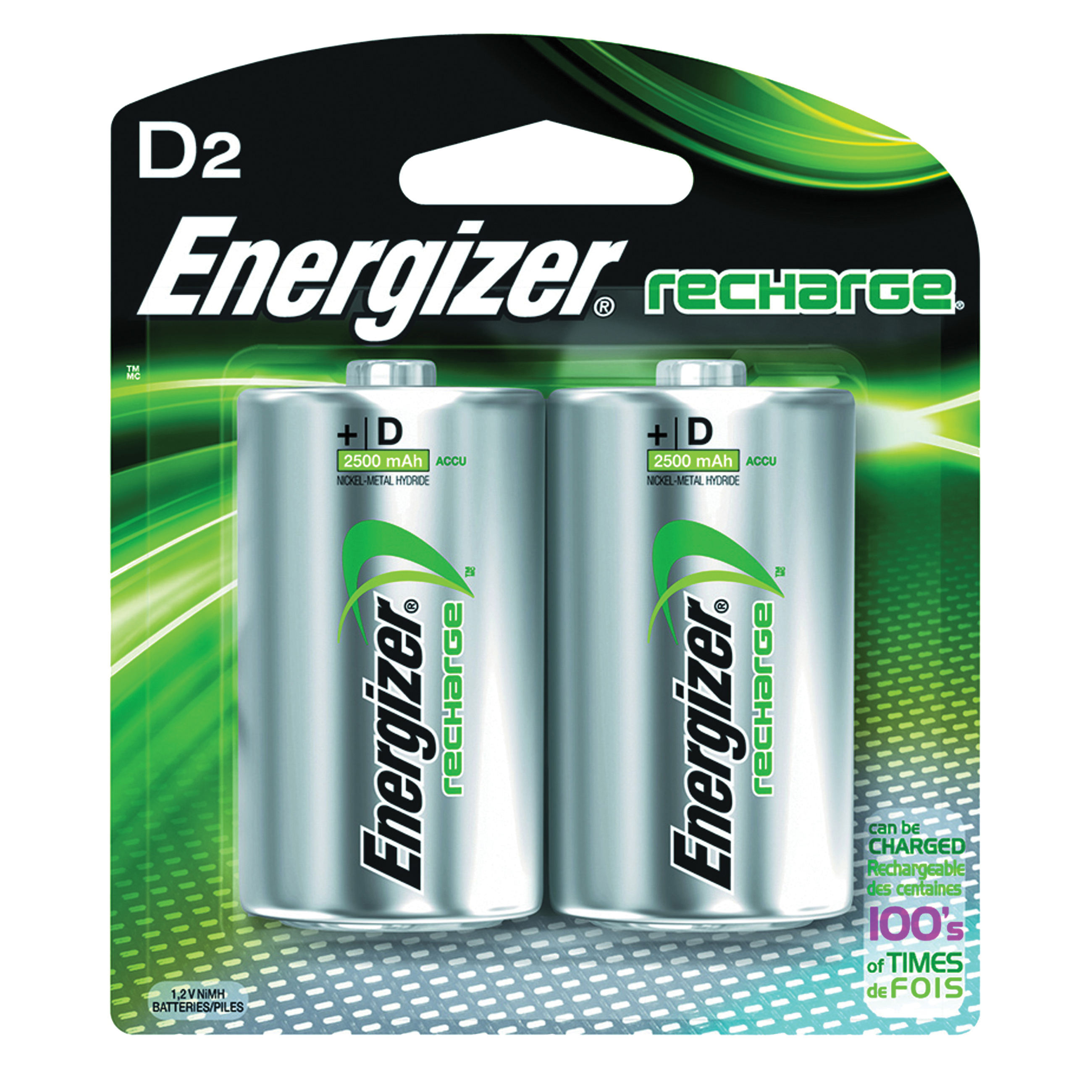 Energizer NH50BP-2 Battery, 1.2 V Battery, 2500 mAh, D Battery, Nickel-Metal Hydride, Rechargeable