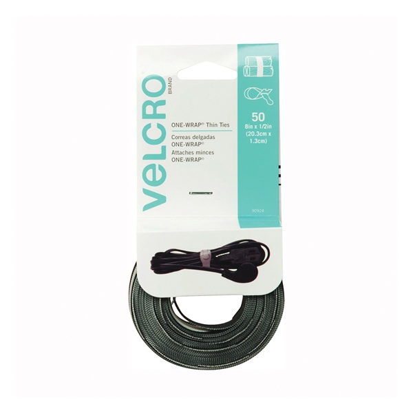VELCRO Brand One Wrap 90924 Hook and Loop Fastener, 1/2 in W, 8 in L, Black/Gray