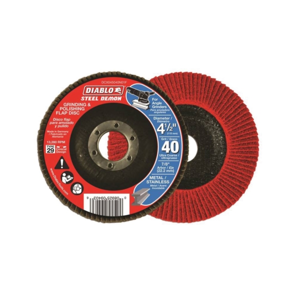Diablo Steel Demon DCX045040N01F Flap Disc, 4-1/2 in Dia, 7/8 in Arbor, 40 Grit, Ultra Coarse, Zirconium Abrasive