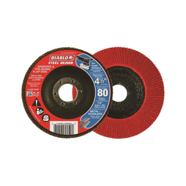 Diablo Steel Demon DCX045080N01F Flap Disc, 4-1/2 in Dia, 7/8 in Arbor, 80 Grit, Medium, Zirconium Abrasive