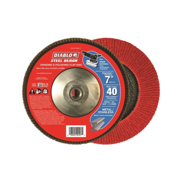Diablo Steel Demon DCX070040B01F Flap Disc, 7 in Dia, 5/8-11 Arbor, 40 Grit, Ultra Coarse, Zirconium Abrasive