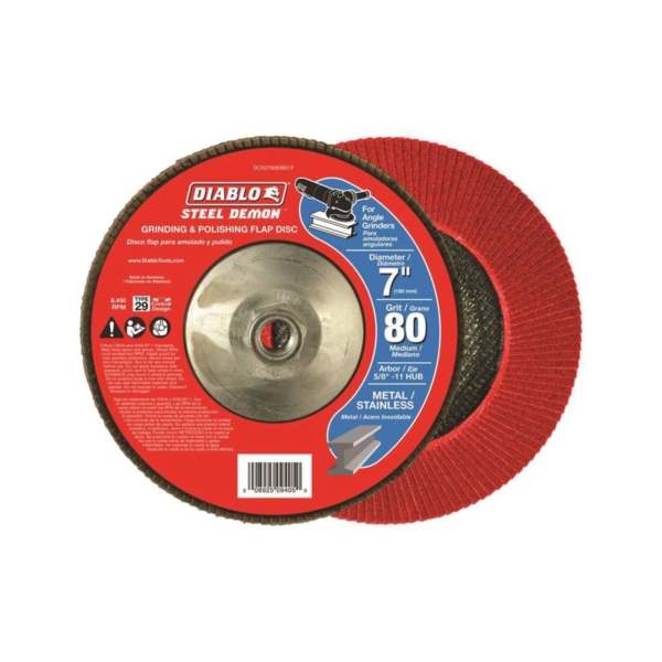 Diablo Steel Demon DCX070080B01F Flap Disc, 7 in Dia, 5/8-11 Arbor, 80 Grit, Medium, Zirconium Abrasive