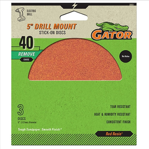 Gator 3003 Sanding Disc, 5 in Dia, 40 Grit, Extra Coarse, Aluminum Oxide Abrasive, Paper Backing