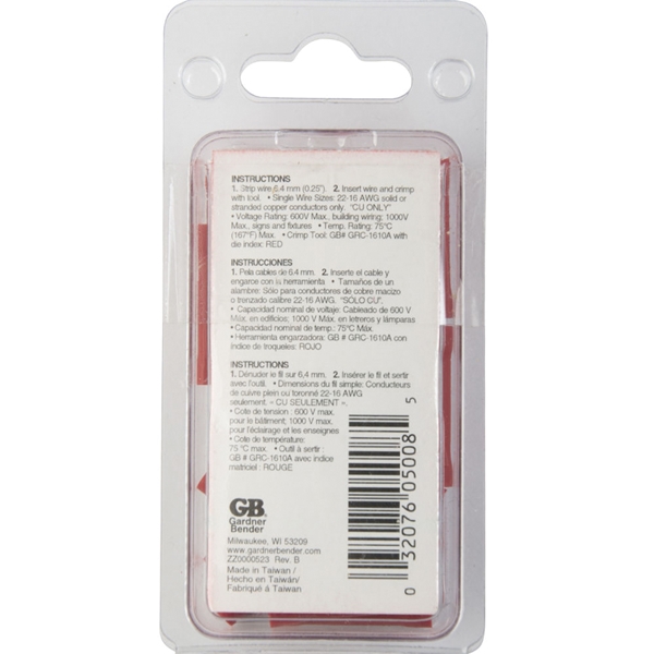 Gardner Bender 20-121 Insulated Butt Splice Connector, 600 V, 22 to 18 AWG Wire, Red