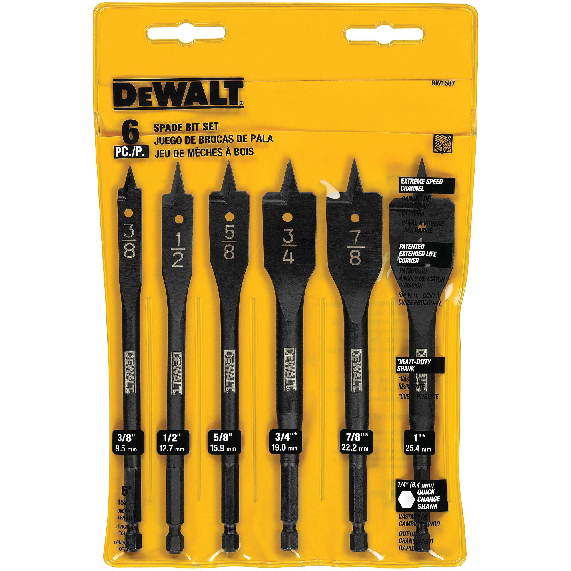 DEWALT DW1587 Spade Bit Set, Heavy-Duty, 6-Piece, Carbon Steel
