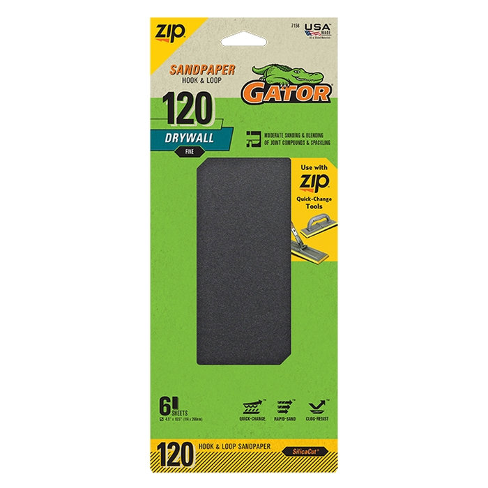 Gator Zip 7158 Sanding Sheet, 10-1/2 in L, 4-1/2 in W, 120 Grit, Fine, Silicon Carbide Abrasive