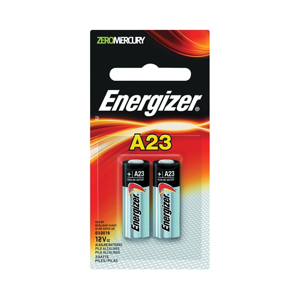 Energizer A23 Series A23BPZ-2 Battery, 12 V Battery, 55 mAh, Alkaline, Manganese Dioxide