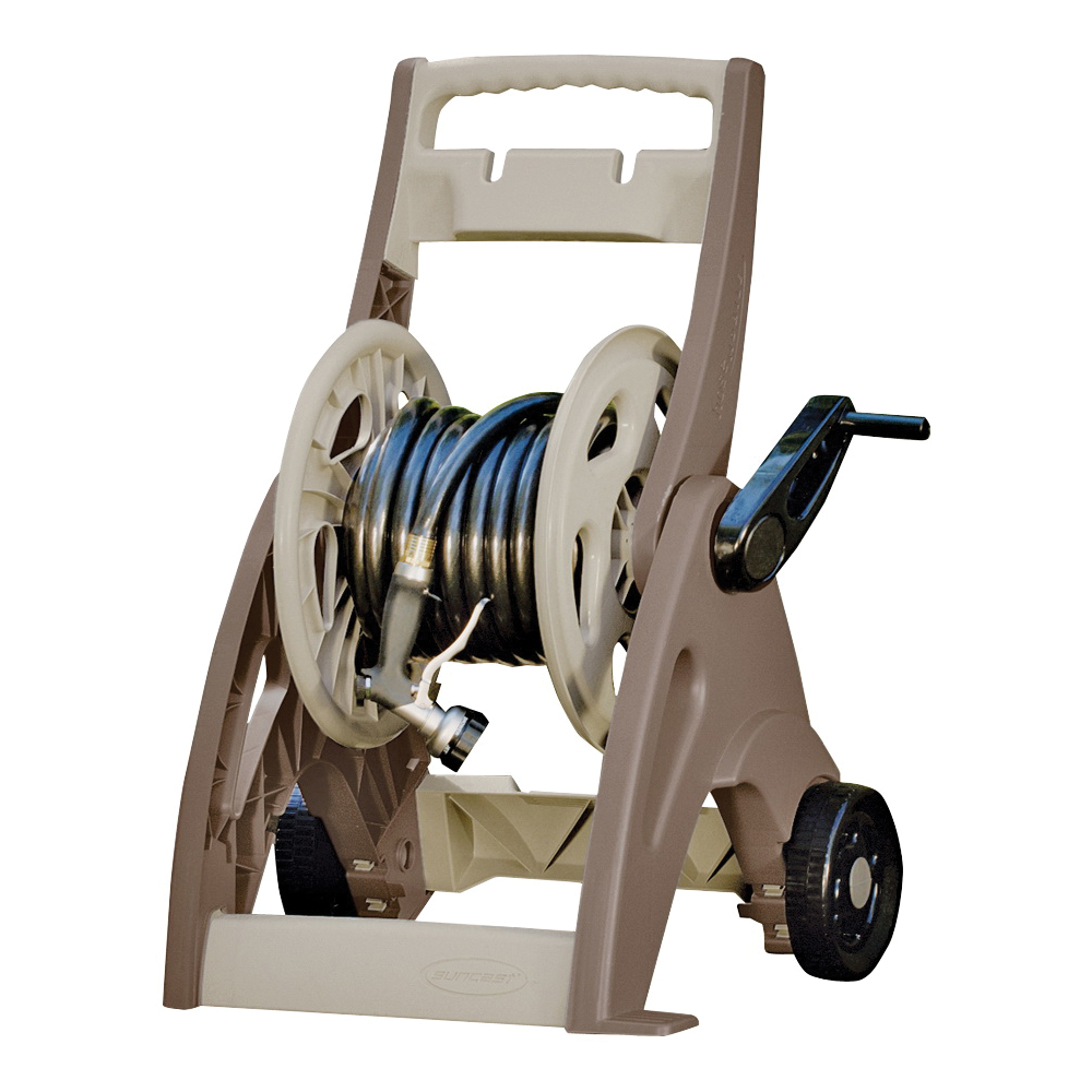 Suncast JNF175B Hose Reel Cart, 5/8 in Hose, 175 ft of 5/8 in Hose, Crank Handle, Vinyl, Light Taupe/Mocha Color