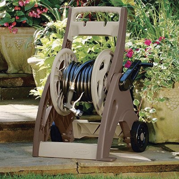 Suncast JNF175B Hose Reel Cart, 5/8 in Hose, 175 ft of 5/8 in Hose, Crank Handle, Vinyl, Light Taupe/Mocha Color