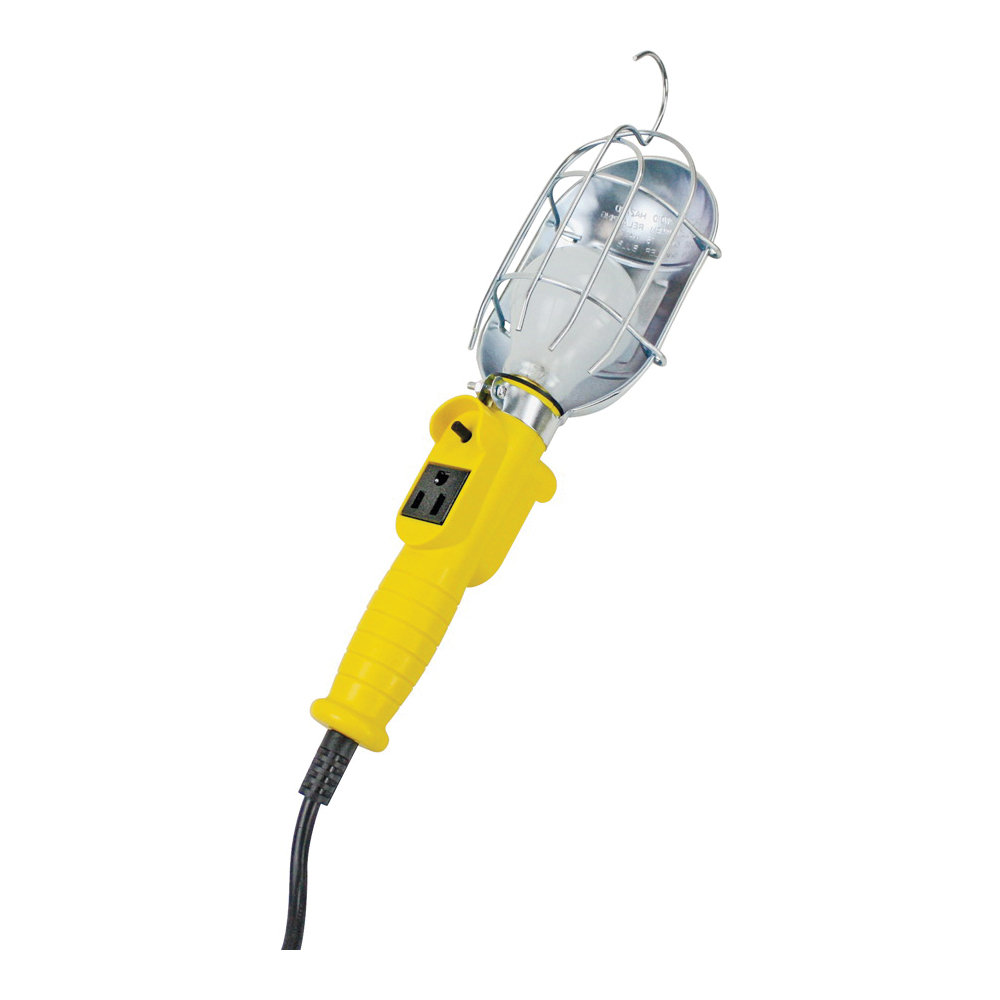 PowerZone ORTL010625 Work Light with Metal Guard and Single Outlet, 12 A, Incandescent Lamp, 25 ft L Cord, Yellow