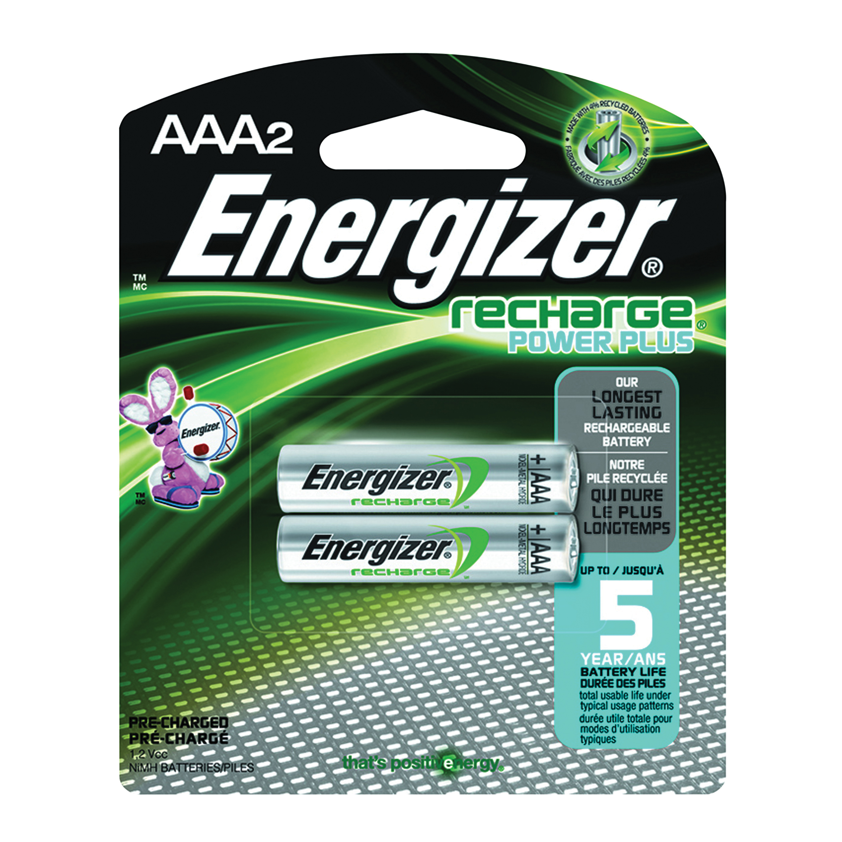 Energizer NH12BP-2 Battery, 1.2 V Battery, 850 mAh, AAA Battery, Nickel-Metal Hydride, Rechargeable: Yes, Black
