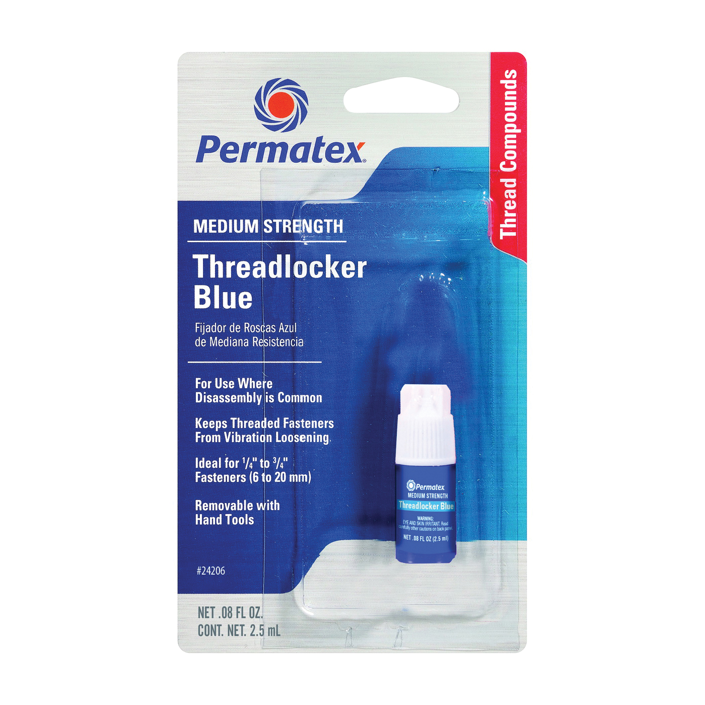 Permatex 24206 Threadlocker, 2.5 mL Bottle, Liquid, Blue