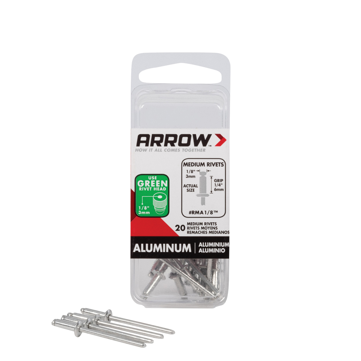 Arrow RMA1/8 Pop Rivet, Medium, 1/4 in Grip, 1/4 in L, Aluminum, Silver, 20/PK