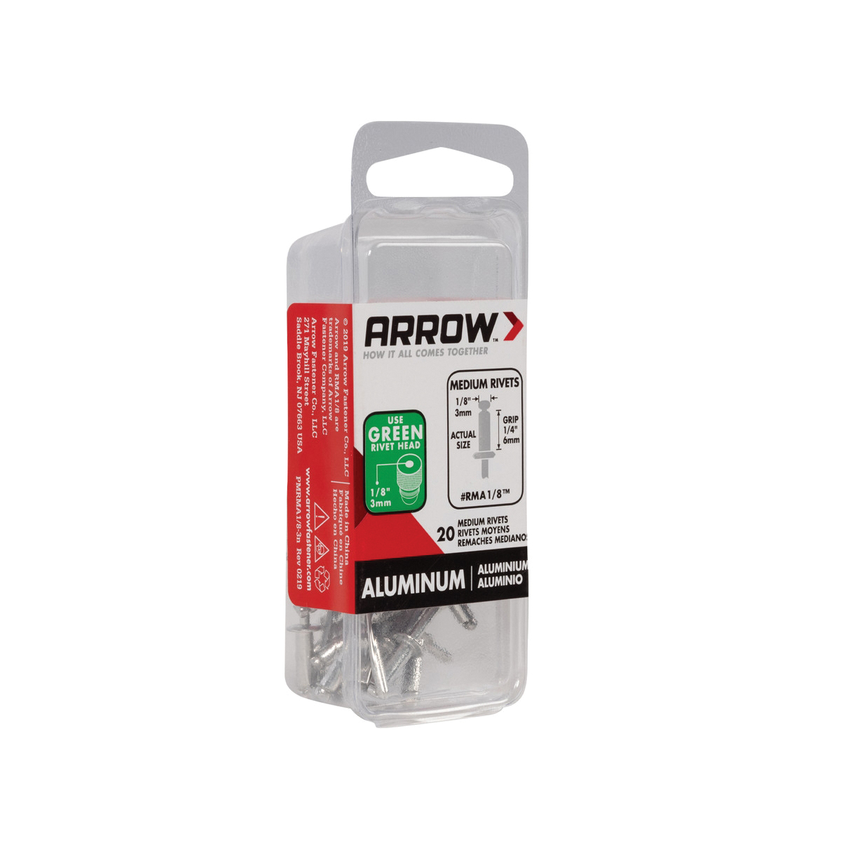 Arrow RMA1/8 Pop Rivet, Medium, 1/4 in Grip, 1/4 in L, Aluminum, Silver, 20/PK