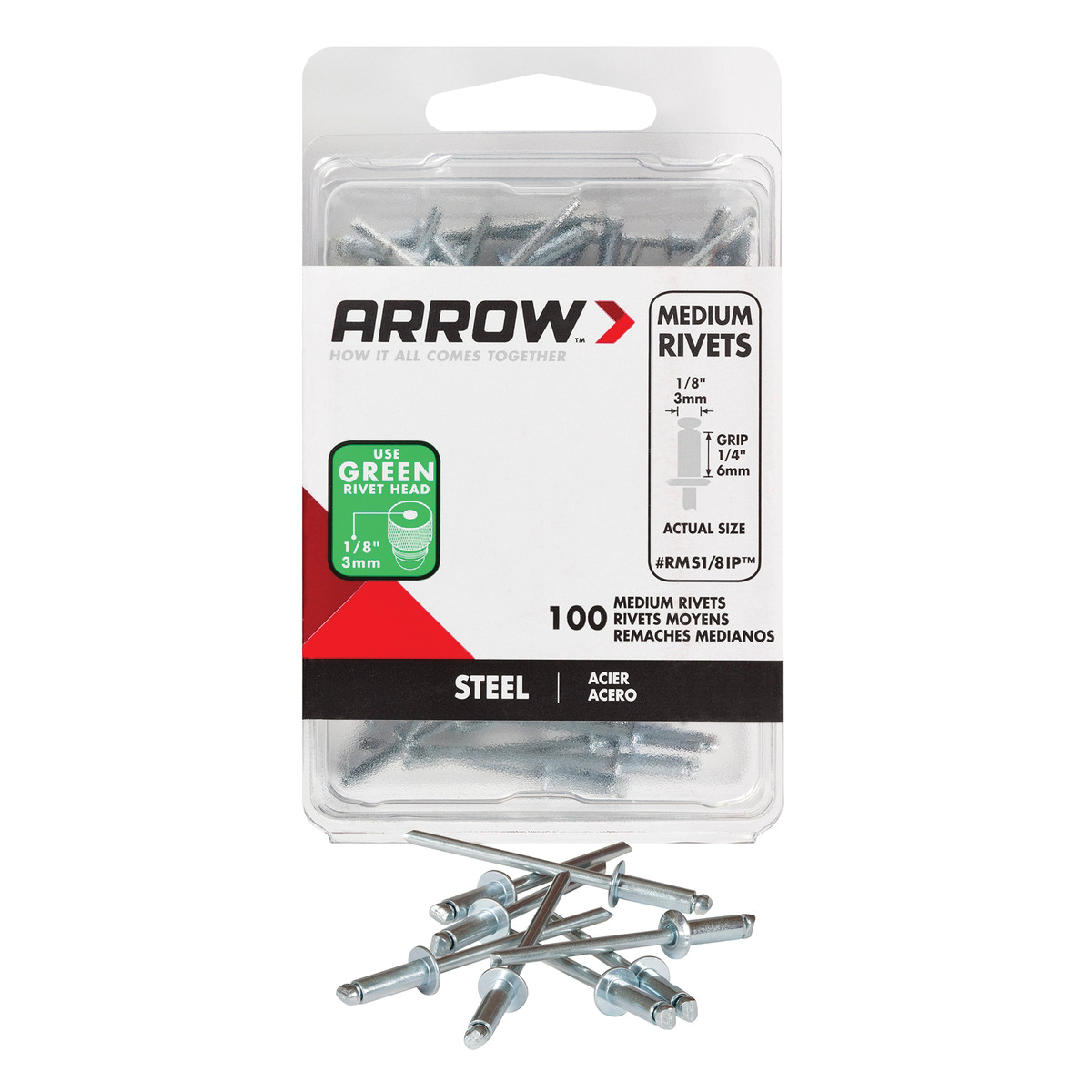 Arrow RMS1/8IP Pop Rivet, Medium, 1/4 in Grip, 1/4 in L, Steel, 100/PK