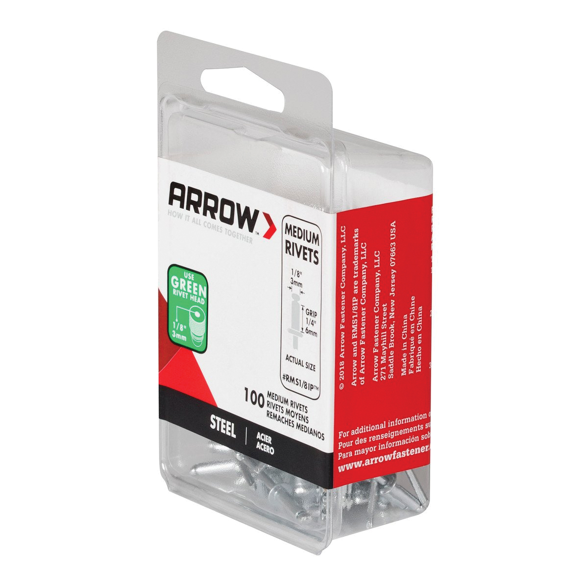 Arrow RMS1/8IP Pop Rivet, Medium, 1/4 in Grip, 1/4 in L, Steel, 100/PK