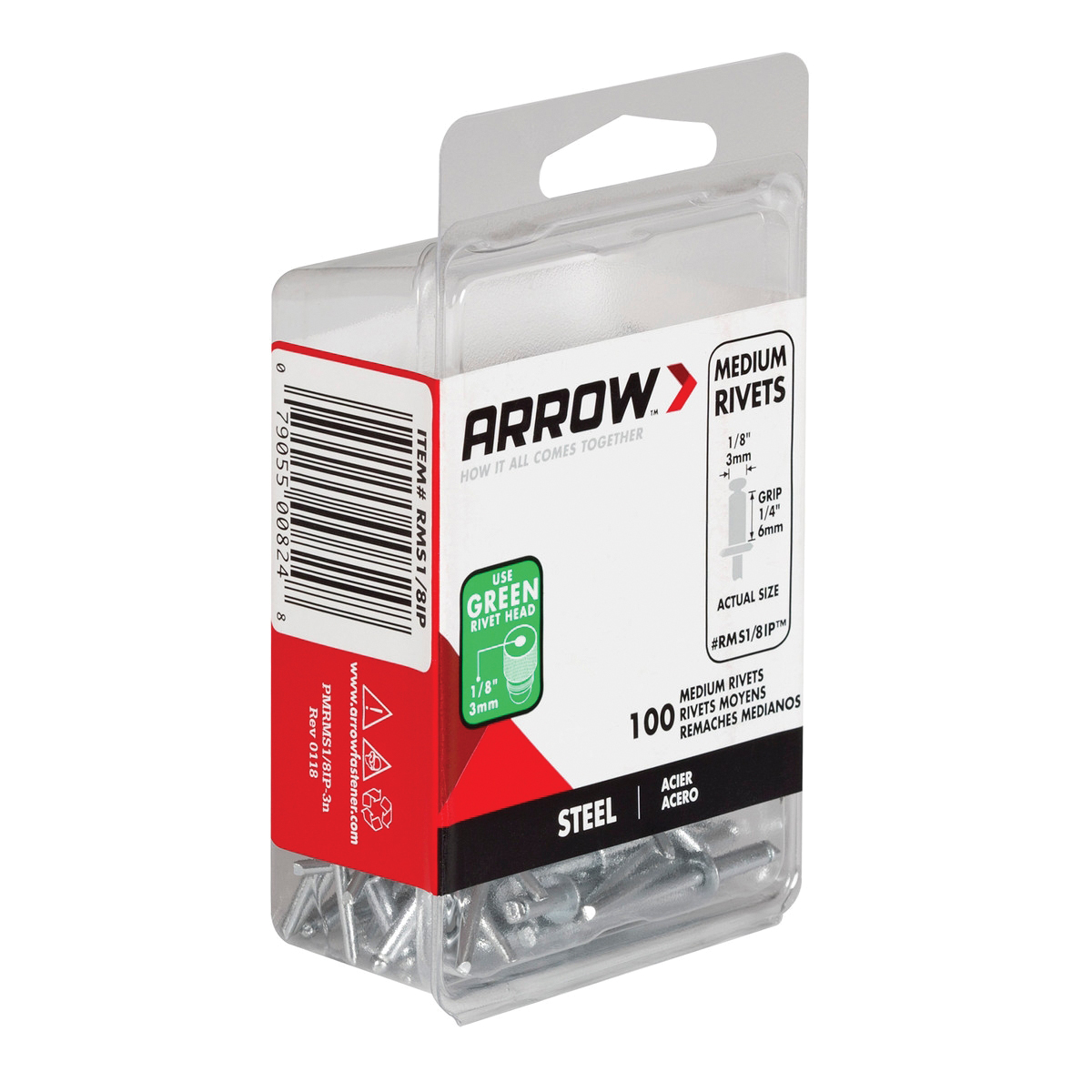 Arrow RMS1/8IP Pop Rivet, Medium, 1/4 in Grip, 1/4 in L, Steel, 100/PK