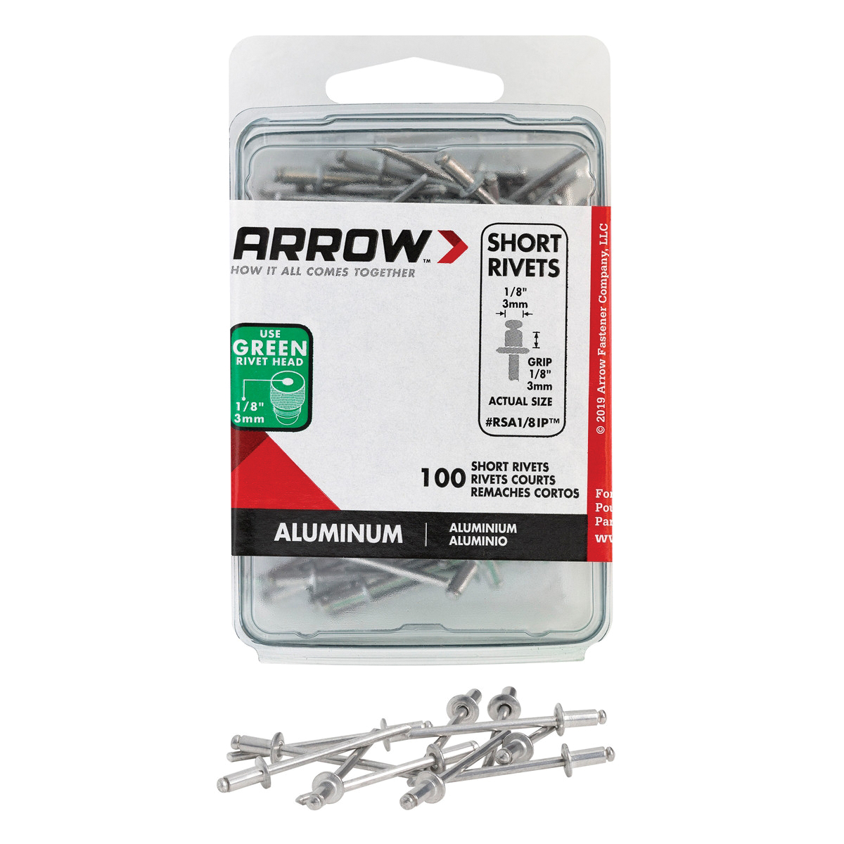 Arrow RSA1/8IP Pop Rivet, Short, 1/8 in Grip, 1/8 in L, Aluminum, Silver, 100/PK