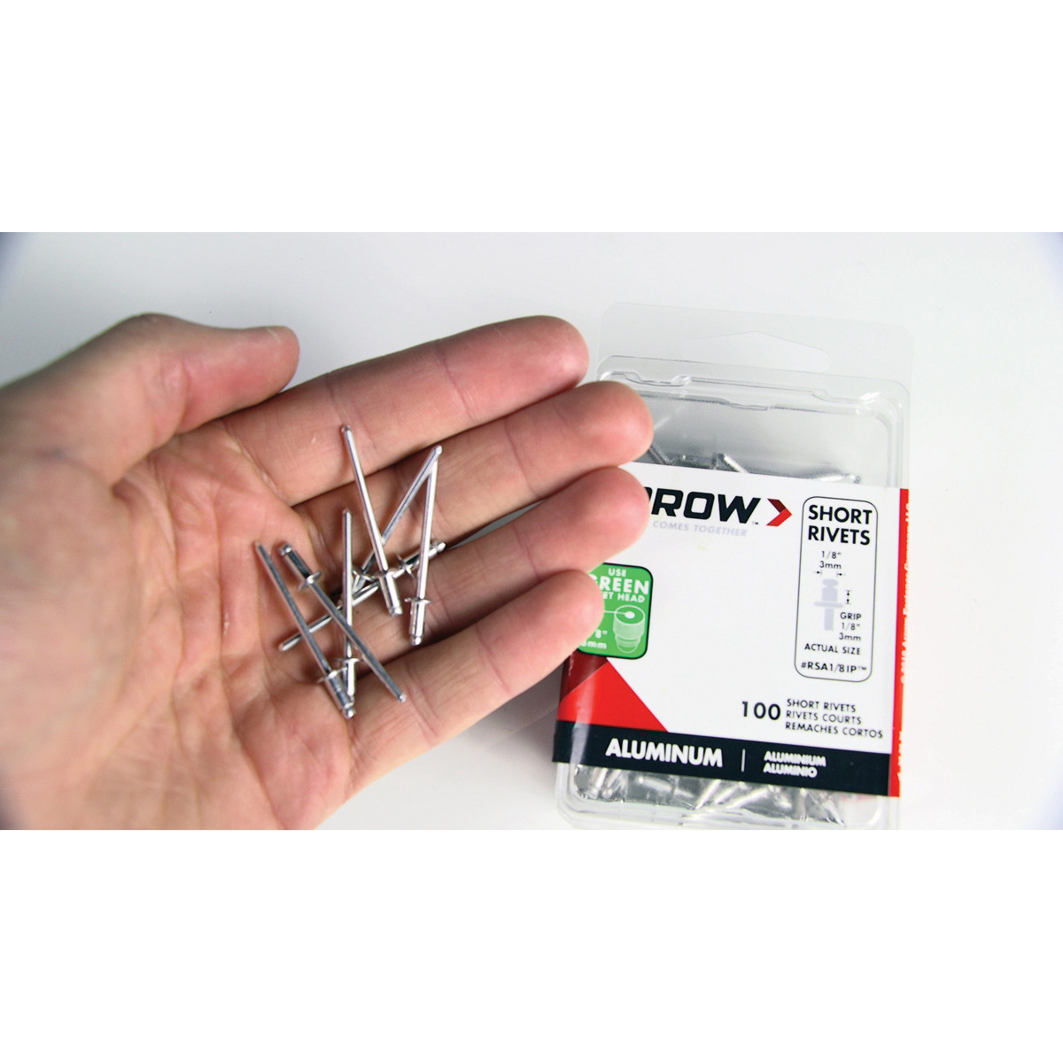 Arrow RSA1/8IP Pop Rivet, Short, 1/8 in Grip, 1/8 in L, Aluminum, Silver, 100/PK