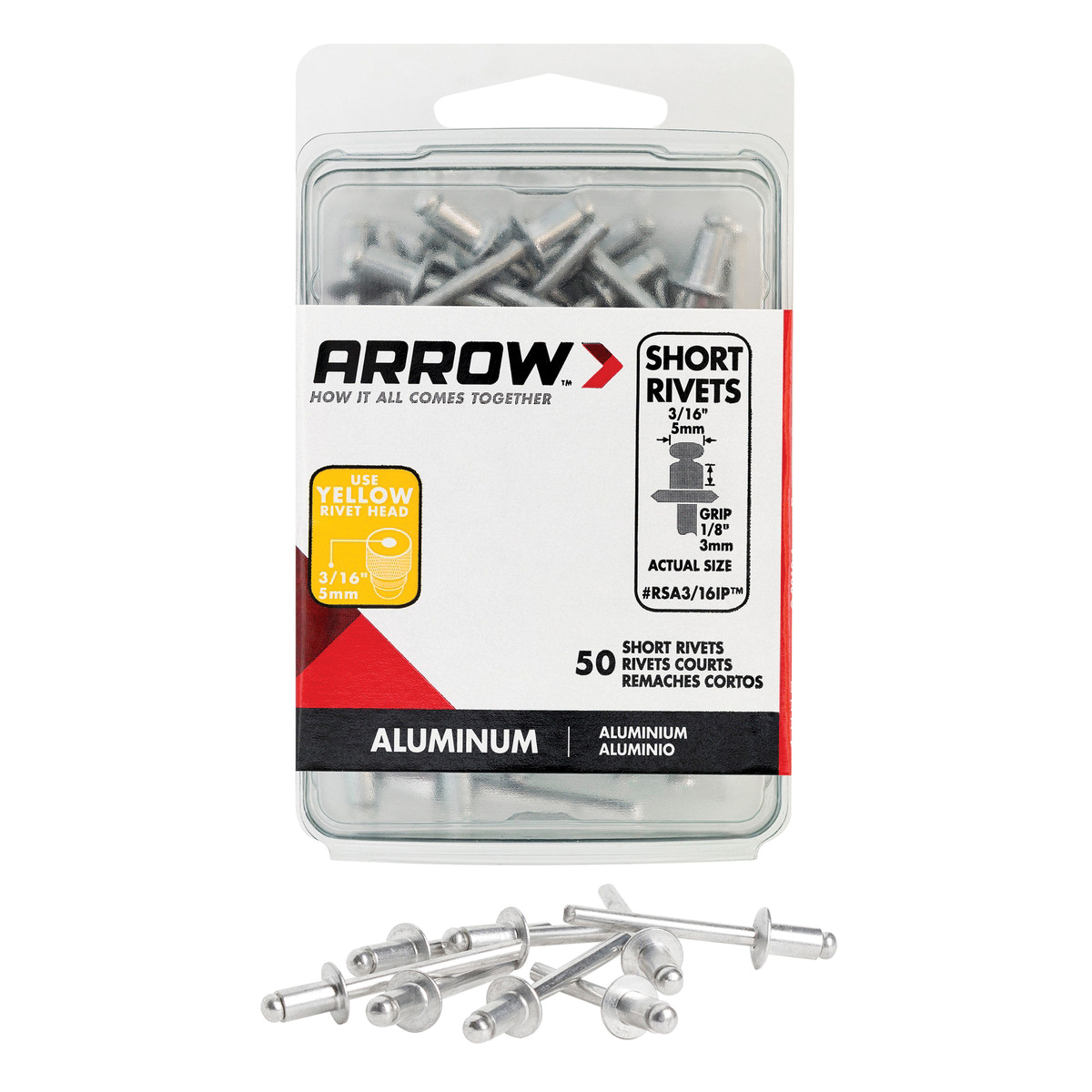 Arrow RSA3/16IP Pop Rivet, Short, 1/8 in Grip, 1/8 in L, Aluminum, Gray, 50/PK