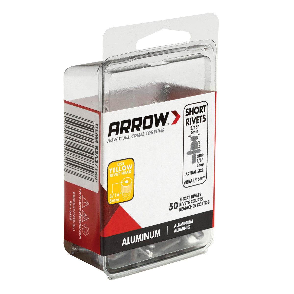 Arrow RSA3/16IP Pop Rivet, Short, 1/8 in Grip, 1/8 in L, Aluminum, Gray, 50/PK