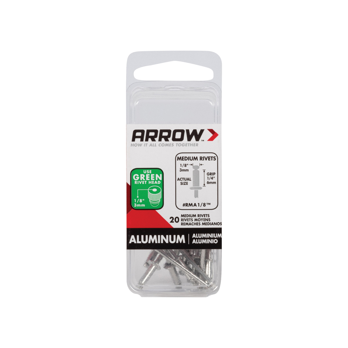 Arrow RSAW1/8 Pop Rivet, Short, 1/8 in Grip, 1/8 in L, Aluminum, White, 25/PK
