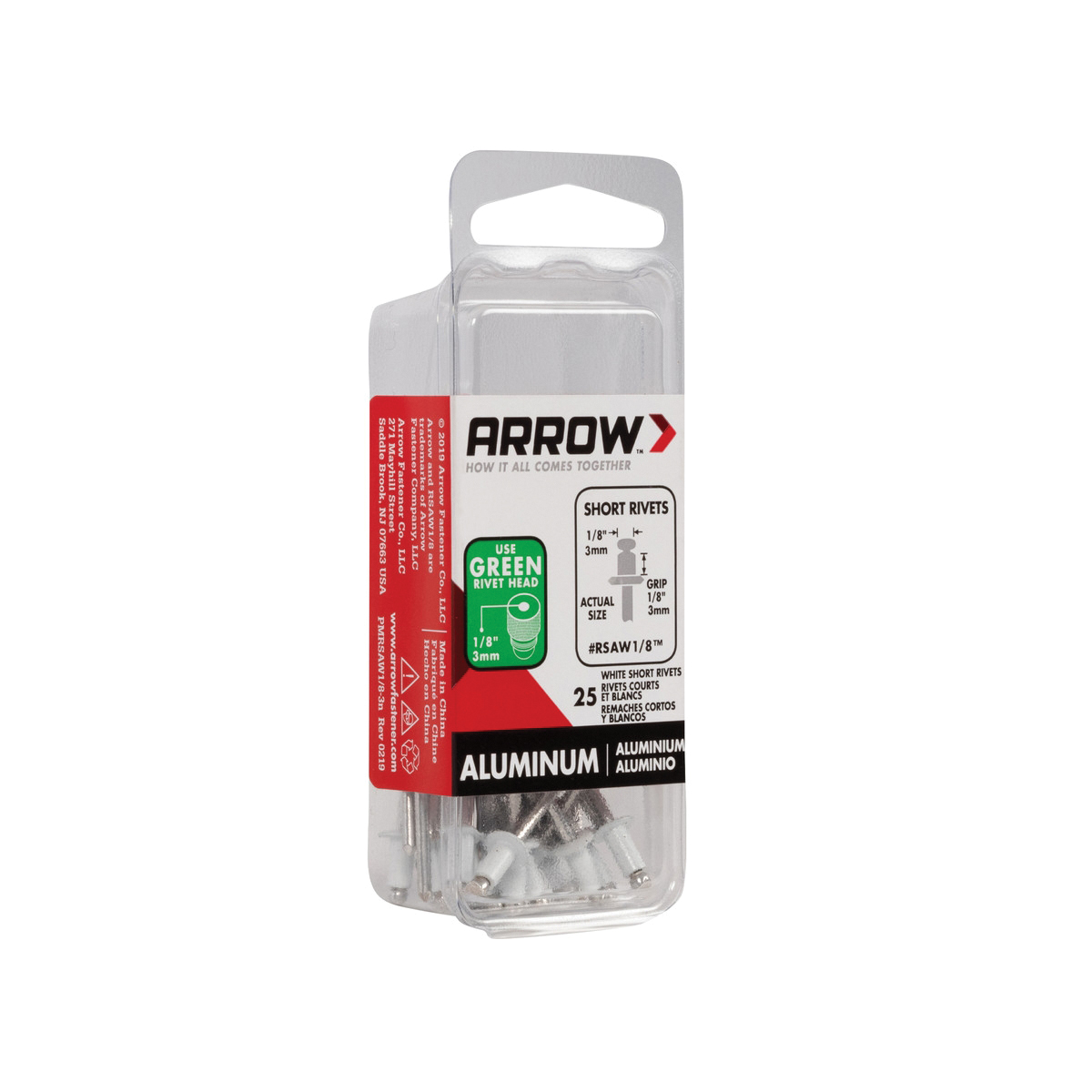 Arrow RSAW1/8 Pop Rivet, Short, 1/8 in Grip, 1/8 in L, Aluminum, White, 25/PK