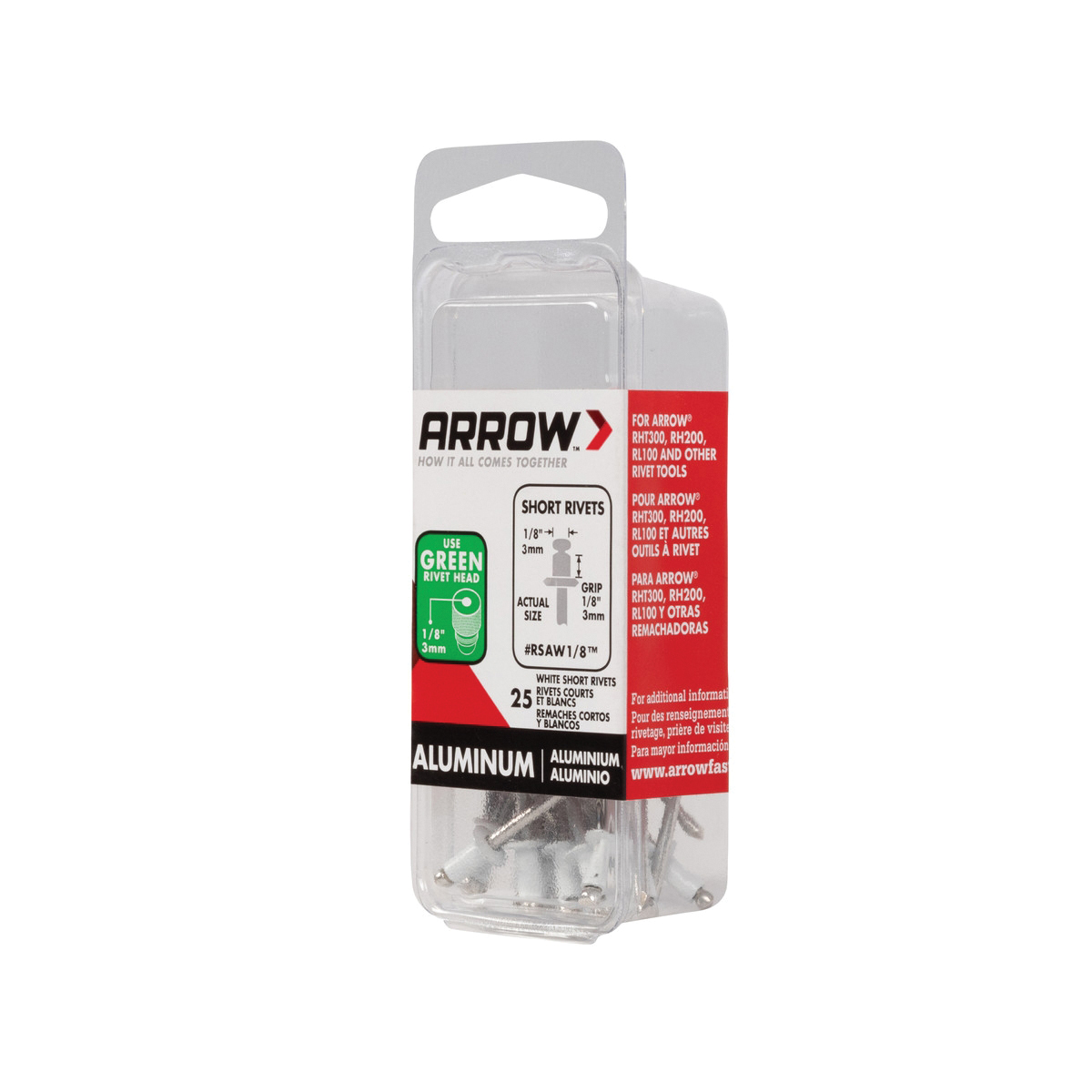 Arrow RSAW1/8 Pop Rivet, Short, 1/8 in Grip, 1/8 in L, Aluminum, White, 25/PK