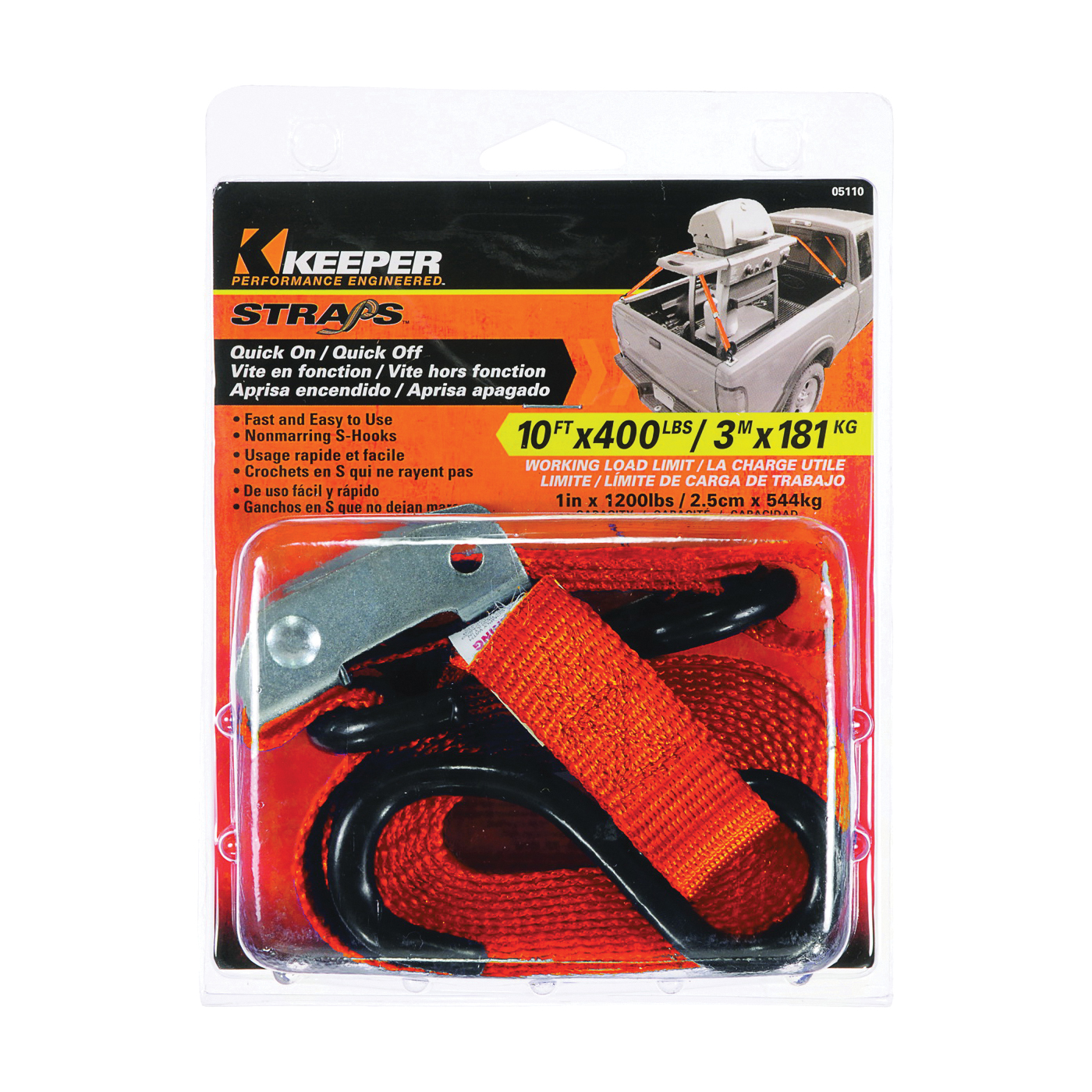 Keeper 05110 Tie-Down, 1 in W, 10 ft L, Nylon, Orange, 400 lb, S-Hook End Fitting