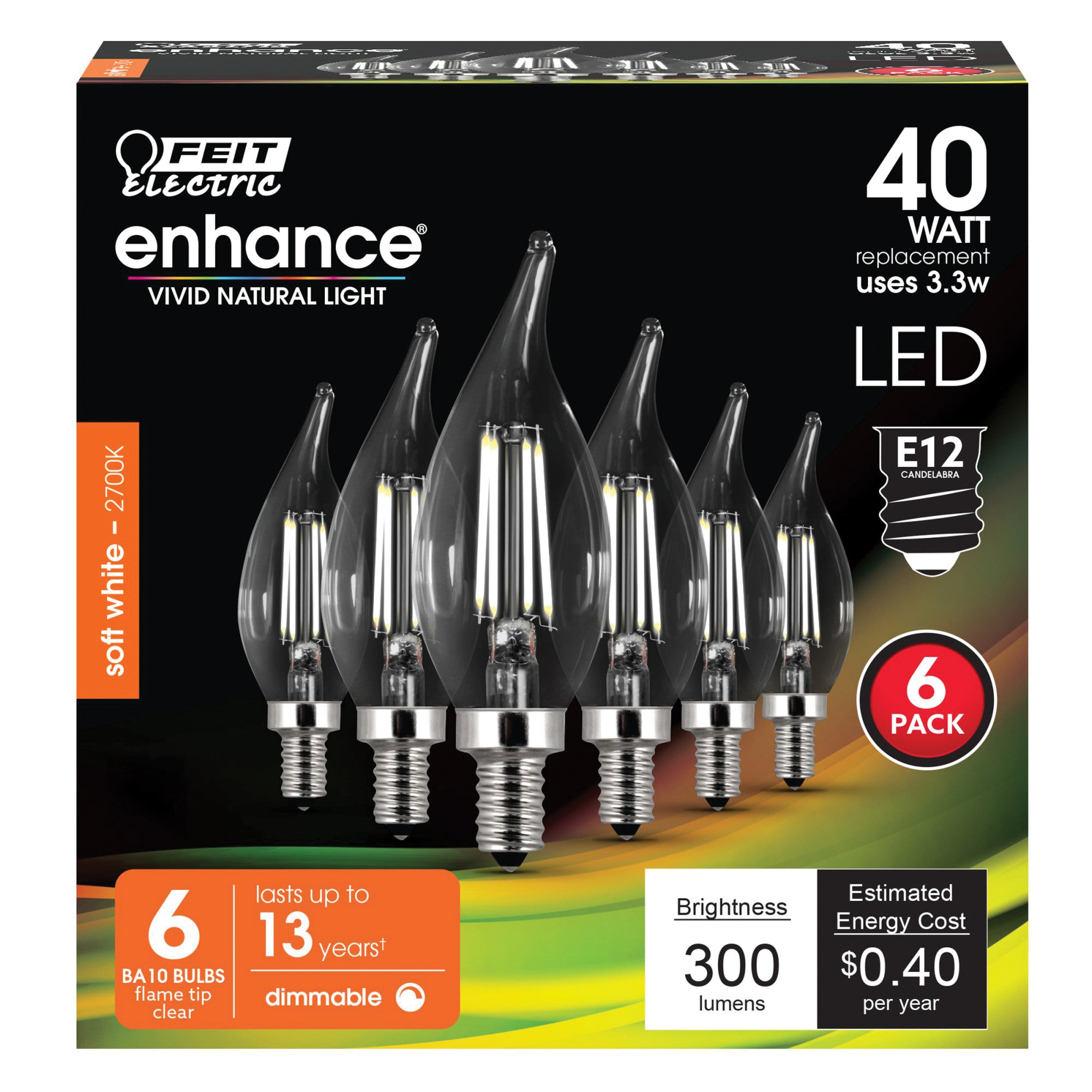 Feit Electric CFC40/927CA/FIL/6 LED Bulb, Decorative, 300 Lumens, 3.3 W, Flame Tip Lamp, 40 W Equivalent, Soft White