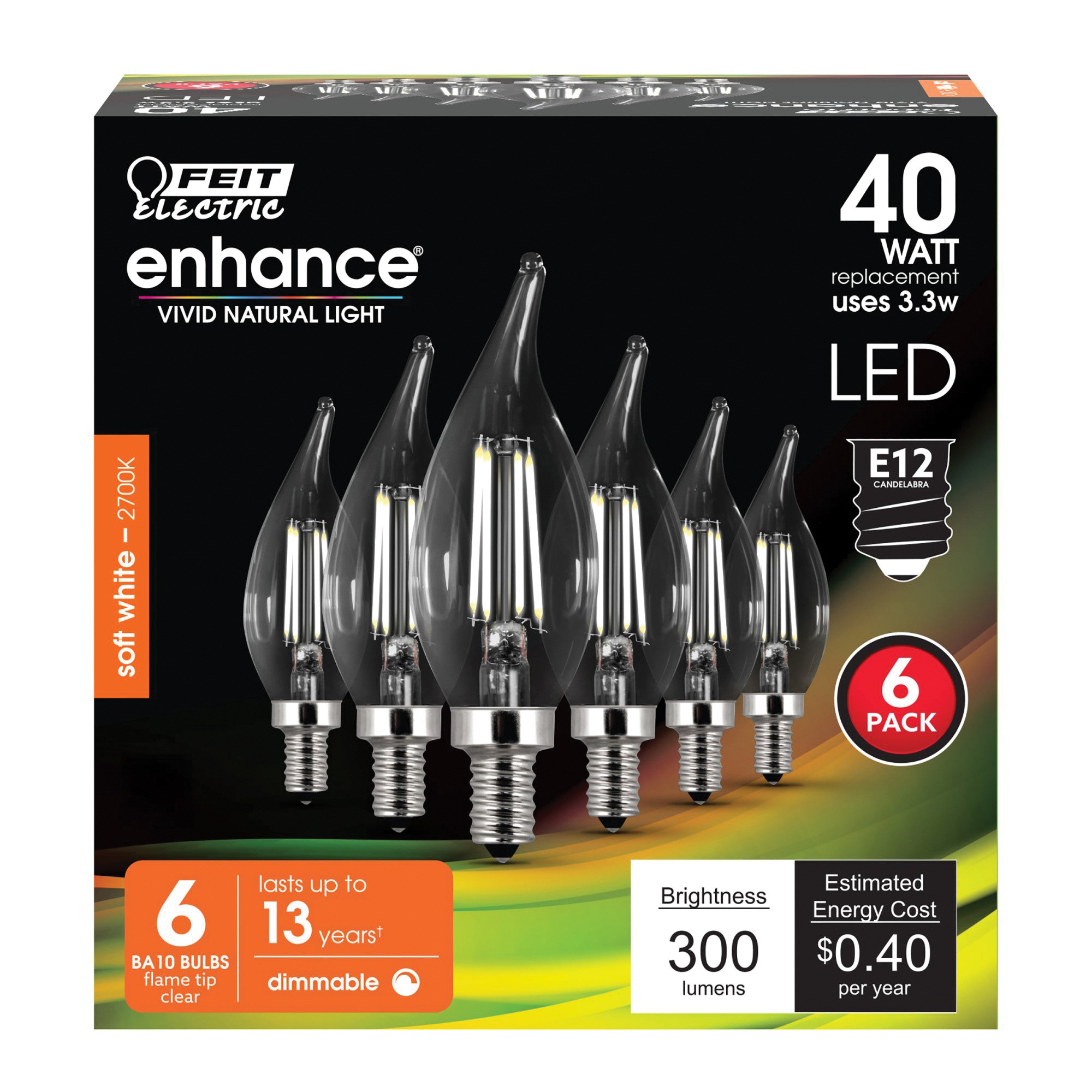 Feit Electric CFC40/927CA/FIL/6 LED Bulb, Decorative, 300 Lumens, 3.3 W, Flame Tip Lamp, 40 W Equivalent, Soft White